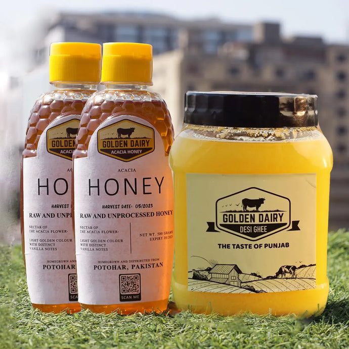 Small desi ghee with Two Honey Jars - Pure & Natural - mygoldendairy.com